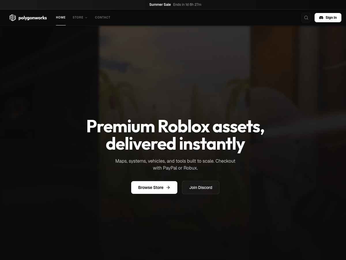 The PolygonWorks storefront listing 3D assets and developer resources.